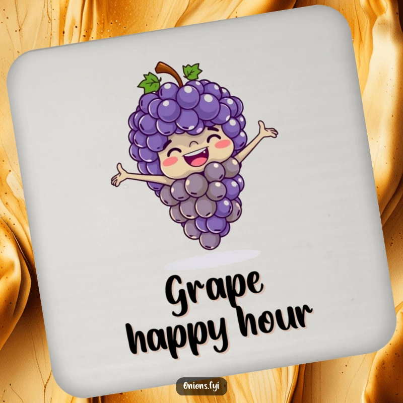Funny grapes coaster, a bunch of happy grapes playing leapfrog with outstretched arms, protects surfaces with humor.