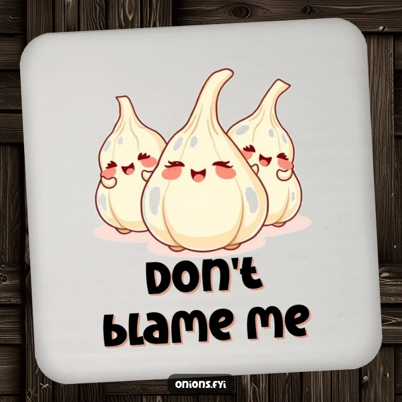 Funny drink coaster featuring giggling onions playing hide-and-seek behind garlic cloves, adding humor to any drink setting.