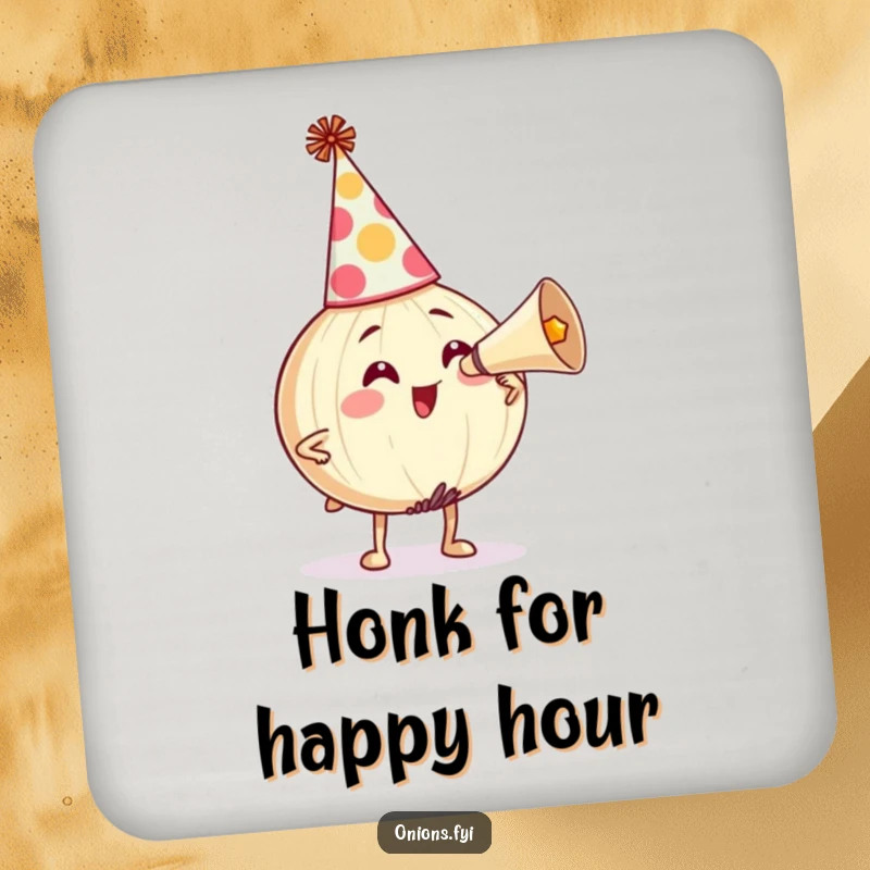 Funny Drink Coasters: Onion character honking a party horn, bringing festive charm and humor to any surface. Great funny gift.