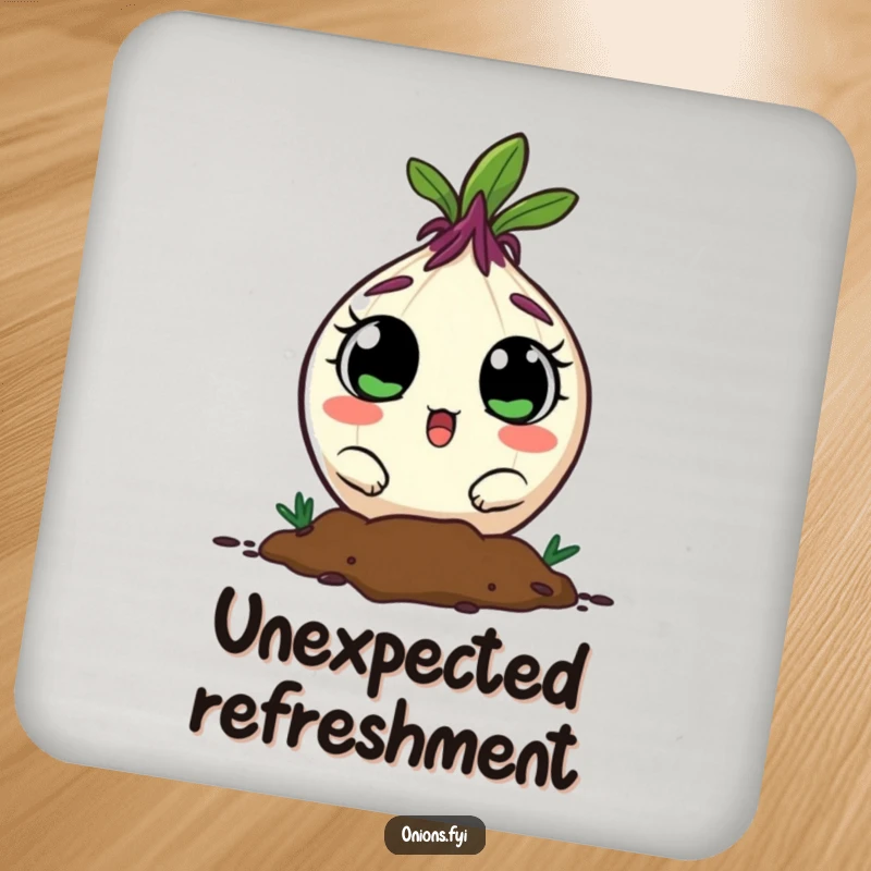 Funny onion peeking from soil with surprised eyes on coasters, for whimsical table protection.