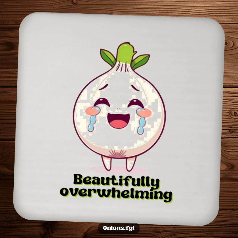 Funny drink coaster with an onion character crying tears of joy, a small piece of emotional humor.