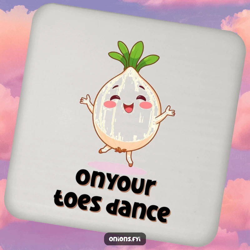 Funny drink coaster with a happy onion character doing a silly jig, a small piece of vegetable-themed humor.