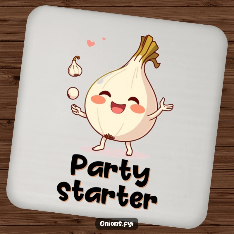 Funny drink coasters featuring a happy onion character juggling garlic, protecting surfaces with a humorous design.