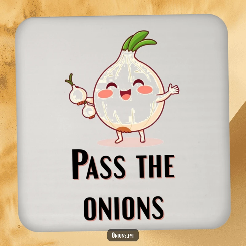 Funny drink coaster featuring a kawaii onion with tiny feet, hilariously juggling three miniature onions, adding charm to any drink setup.