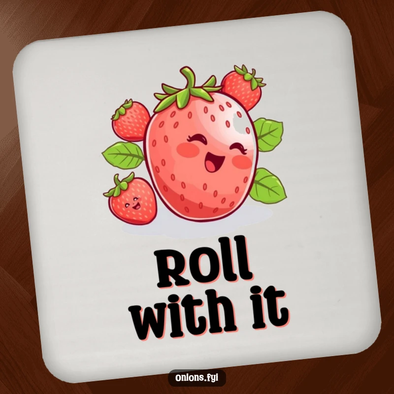Funny drink coaster featuring a happy strawberry rolling downhill, adding a touch of joy and protection. Home accessory.