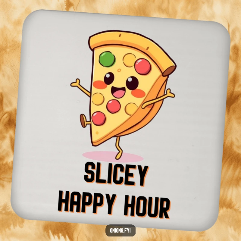 Funny pizza coaster, a smiling pizza slice with little legs performing a cartwheel, protects surfaces with humor.