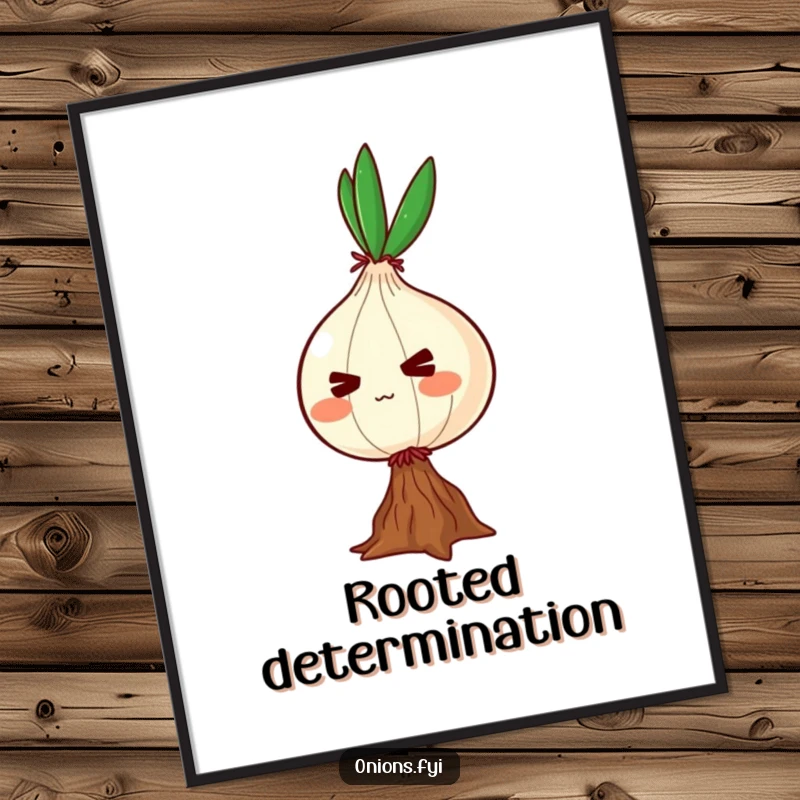 Funny poster art of a determined onion character balancing on one root, capturing a moment of intense focus and effort.