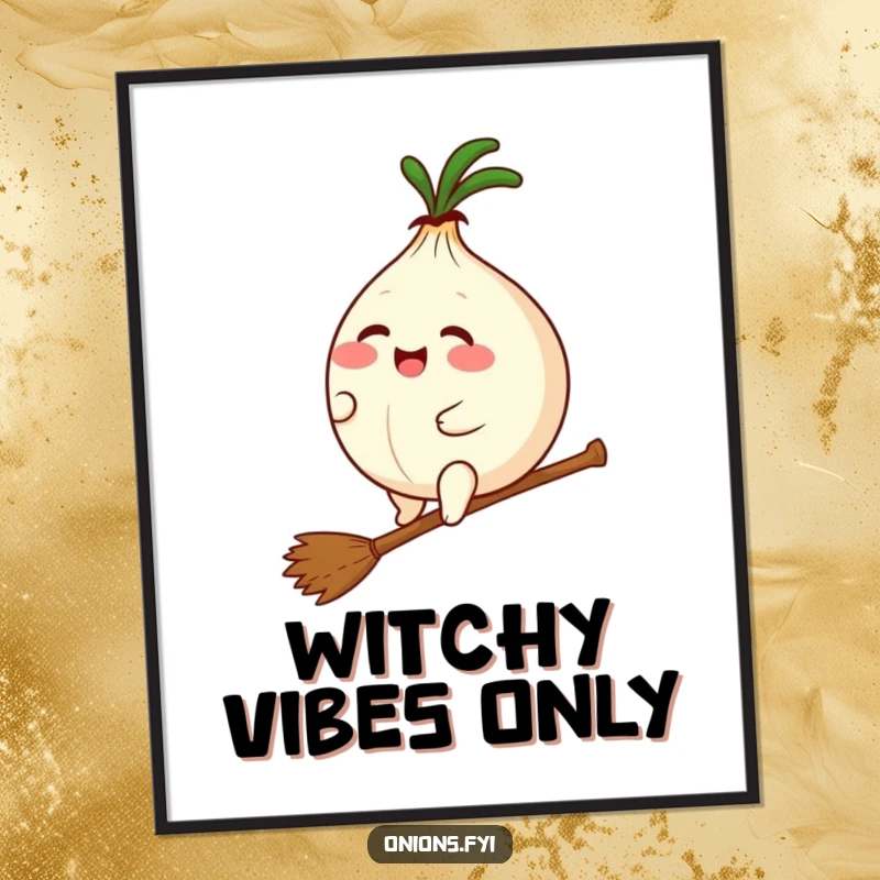 Funny poster art of a plump kawaii onion giggling while riding a tiny broomstick, creating a whimsical and humorous magical scene.