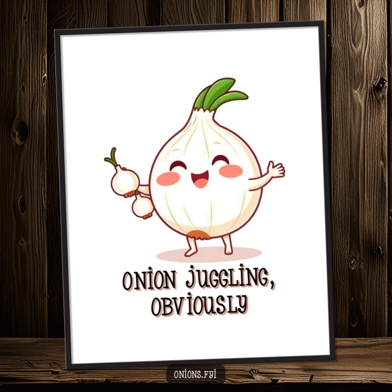 Funny poster art of a kawaii onion with tiny feet, gleefully juggling three miniature onions, showcasing a vibrant and humorous scene.