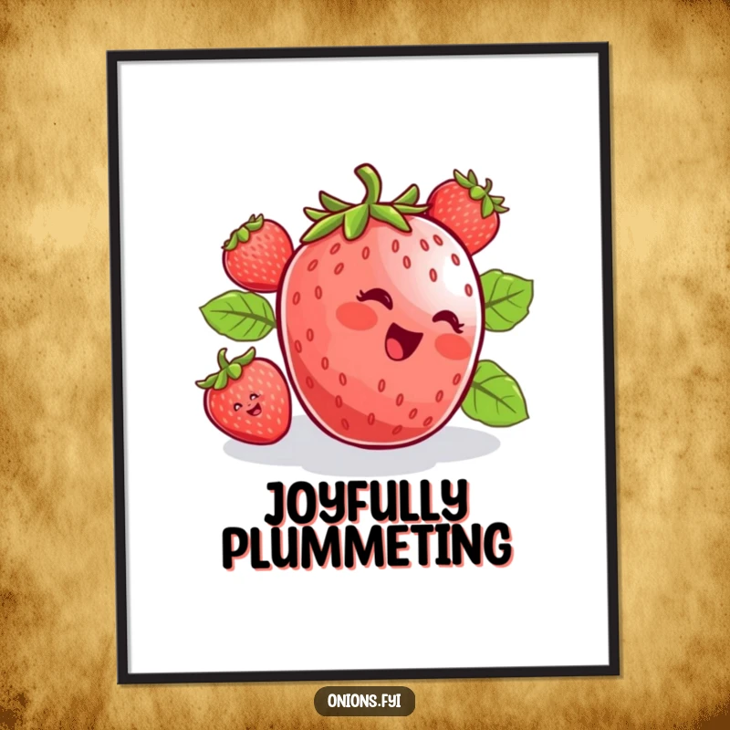 Funny poster print of a happy strawberry rolling downhill with absolute delight, capturing a moment of pure carefree fun. Wall decor.