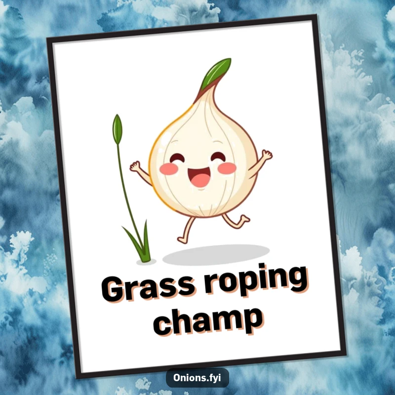 Funny Kawaii Onion Poster featuring an excited onion joyfully jump-roping with a blade of grass, lively art.