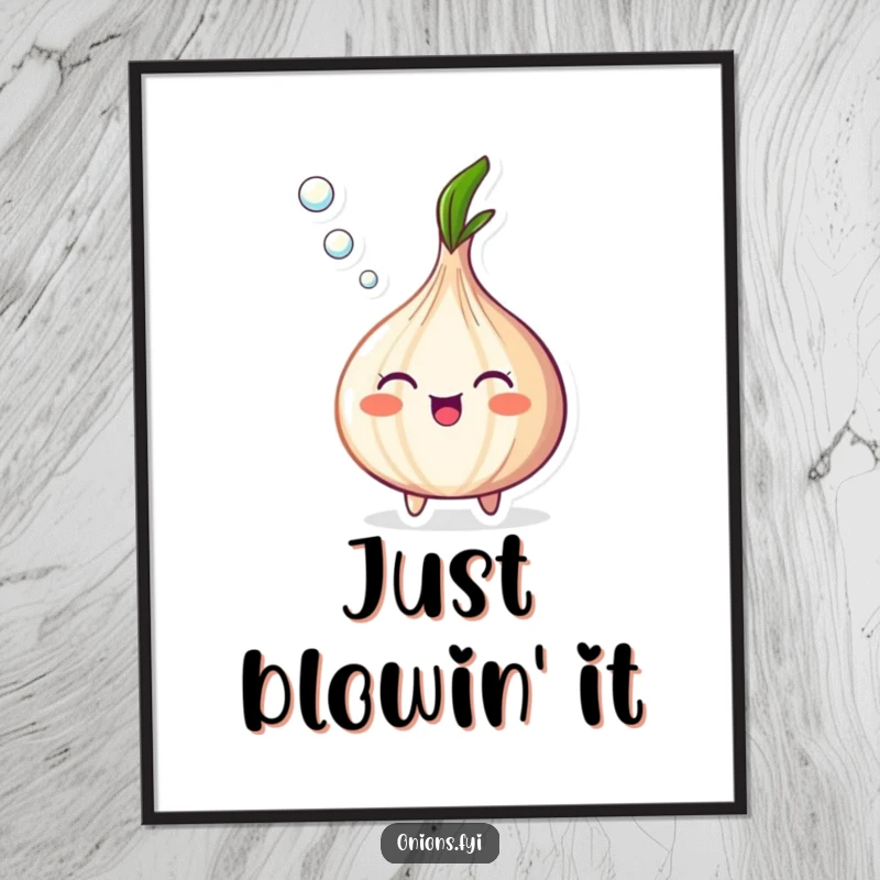 Funny Onion Poster showcasing a happy onion artistically blowing a long stream of tiny, floating bubbles.