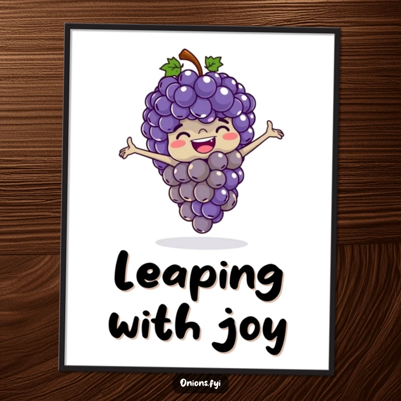 Funny grapes poster, a bunch of happy grapes playing leapfrog with outstretched arms, cheerful and comical fruit art.