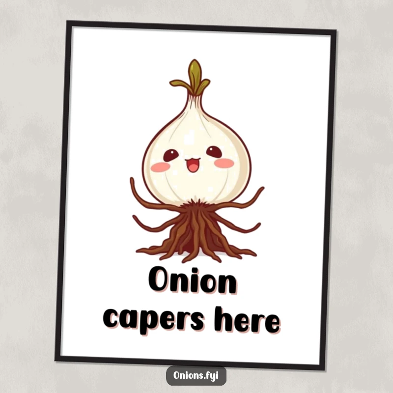 Funny kawaii onion poster, roots in a silly caper, vibrant wall art that brings humor and charm to any space.