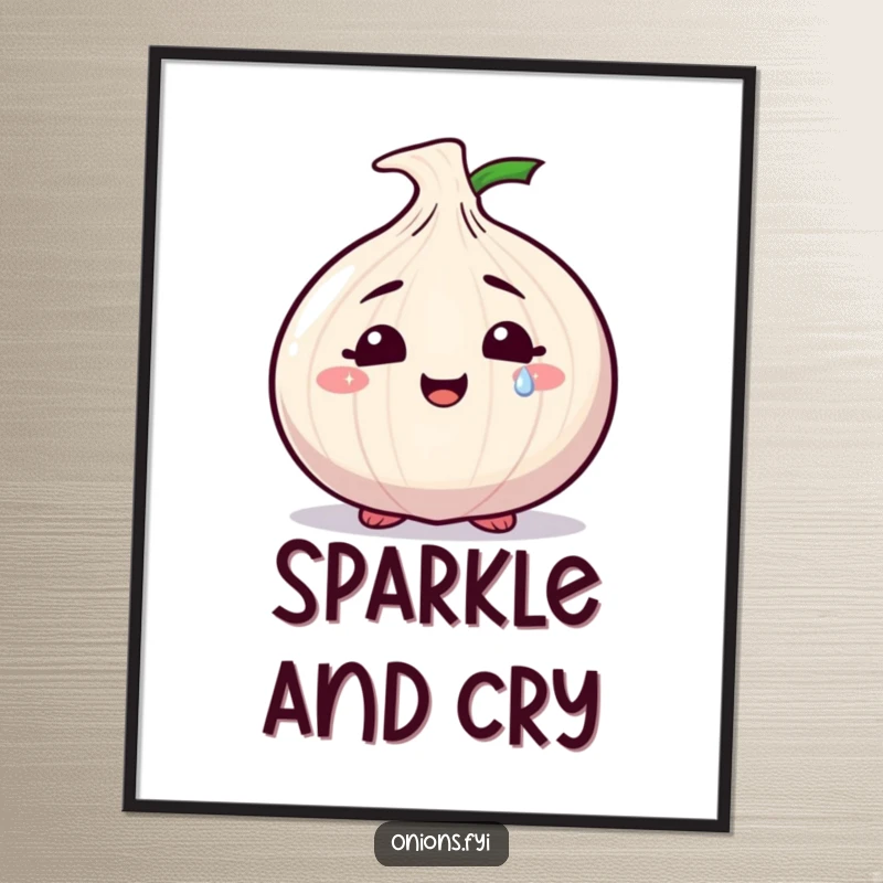 Funny poster art of a smiling onion character shedding a single, sparkling tear, adding a touch of sweet sentimentality.