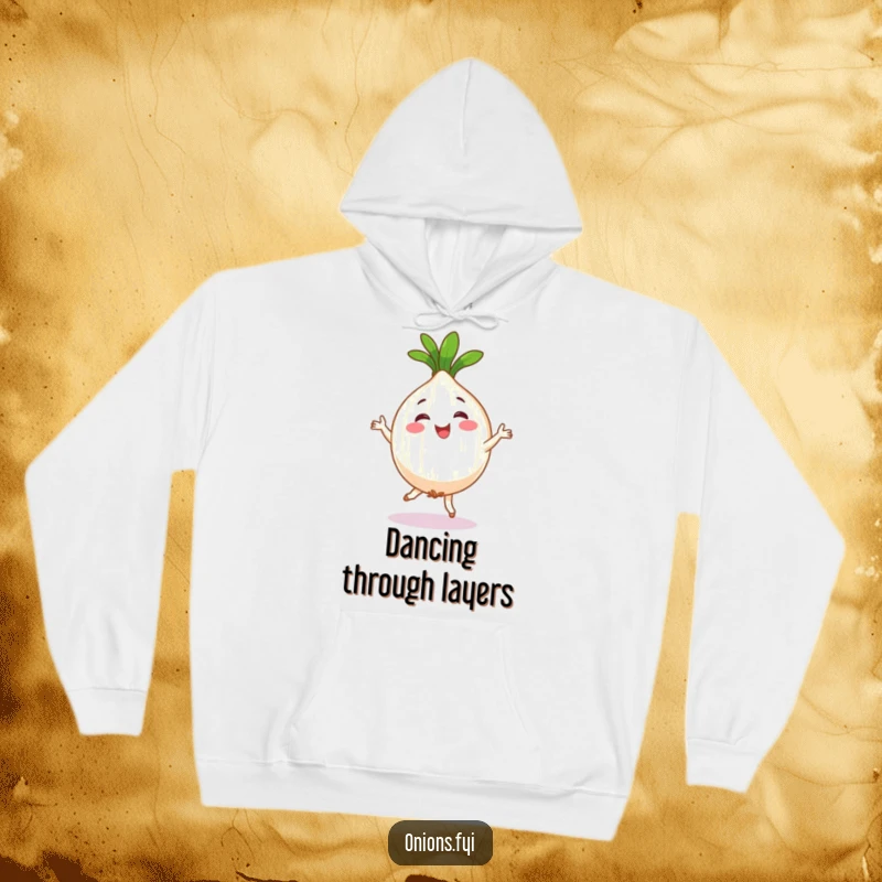 Funny hoodie featuring a happy onion character engaged in a comical, silly jig, embodying pure vegetable joy.