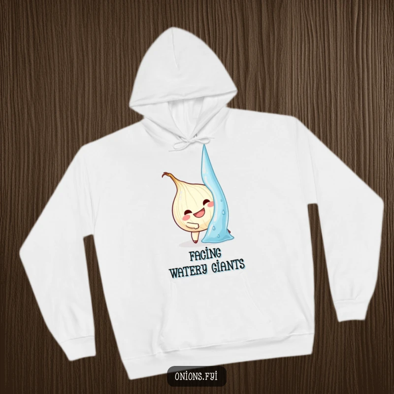 Funny Onion Hoodie: Determined onion character attempts to climb a colossal water droplet, a symbol of strength.