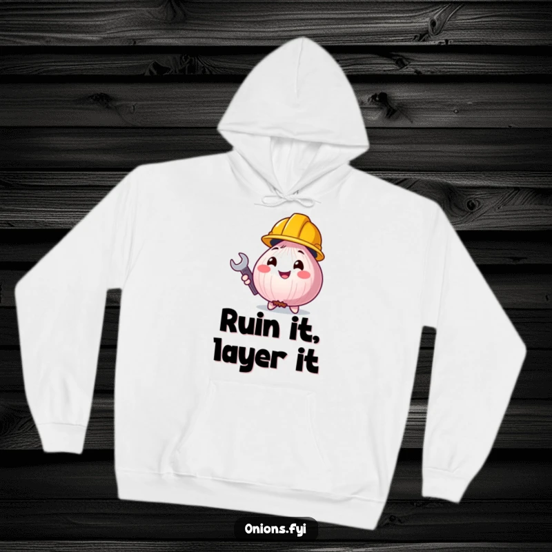Cozy funny onion character wearing a construction helmet and holding a wrench, detailed and humorous design.