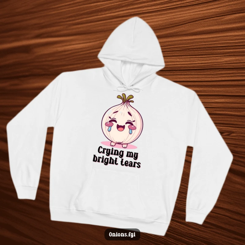 Funny rainbow tears onion hoodie, a smiling onion character crying vibrant rainbow tears, cozy and expressive apparel.