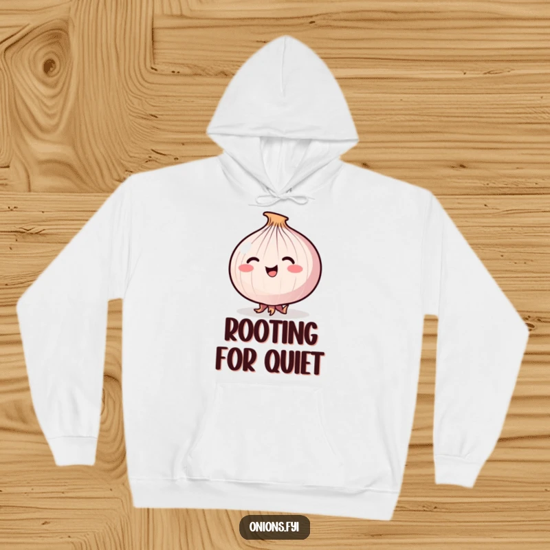 Funny Stealthy Onion Hoodie depicting a happy onion tiptoeing stealthily on its small roots, ideal for comfort.