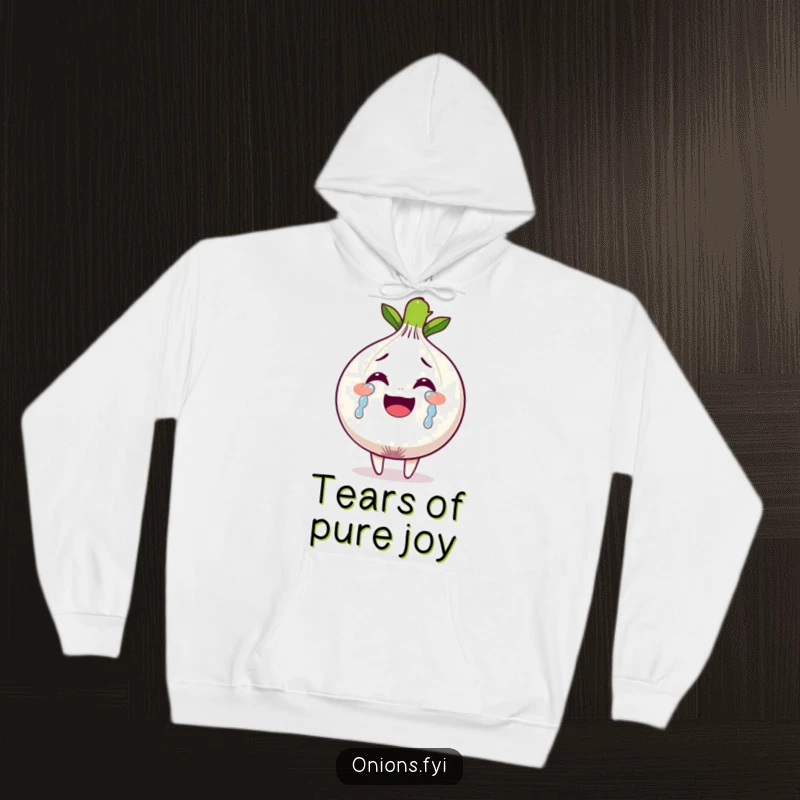 Funny hoodie featuring an onion character profusely crying tears of joy, symbolizing extreme happiness and emotional release.