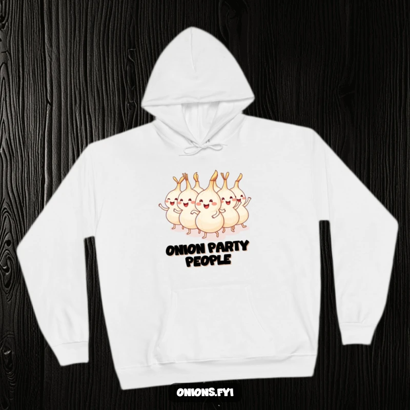 Funny onion characters in a hoodie, forming a conga line, ready to party and spread cheer.