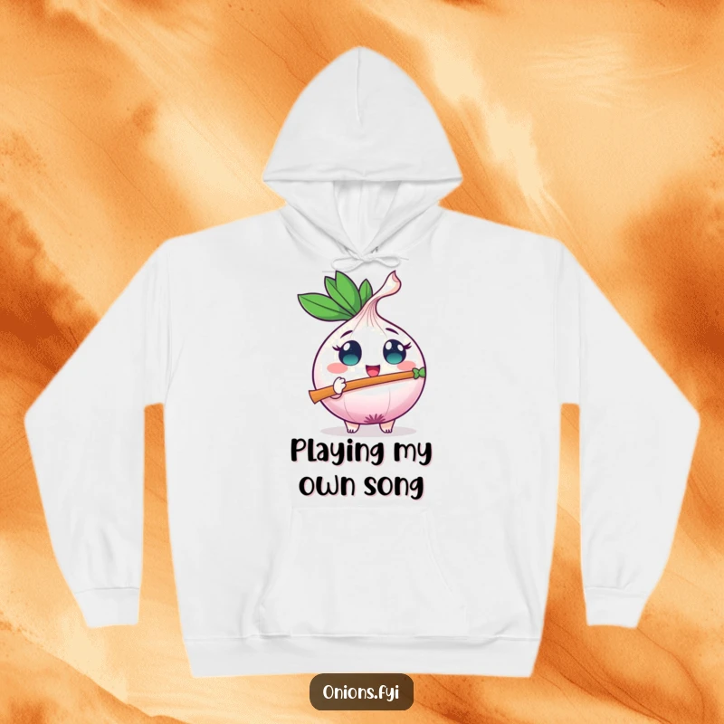 Funny onion character with excited eyes plays a tiny leaf flute, cozy and ready for cheerful tunes.
