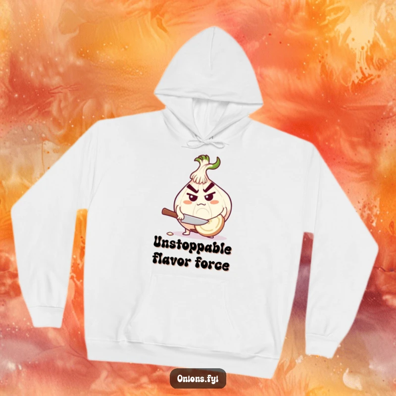 Funny, determined onion character chopping a massive garlic clove, a warm and humorous hoodie design.
