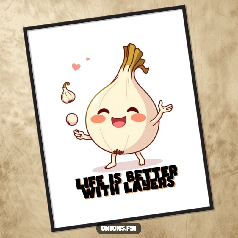 Funny Free Printable wall art depicting a cheerful onion character juggling tiny garlic pieces, perfect for a humorous kitchen or dining area.