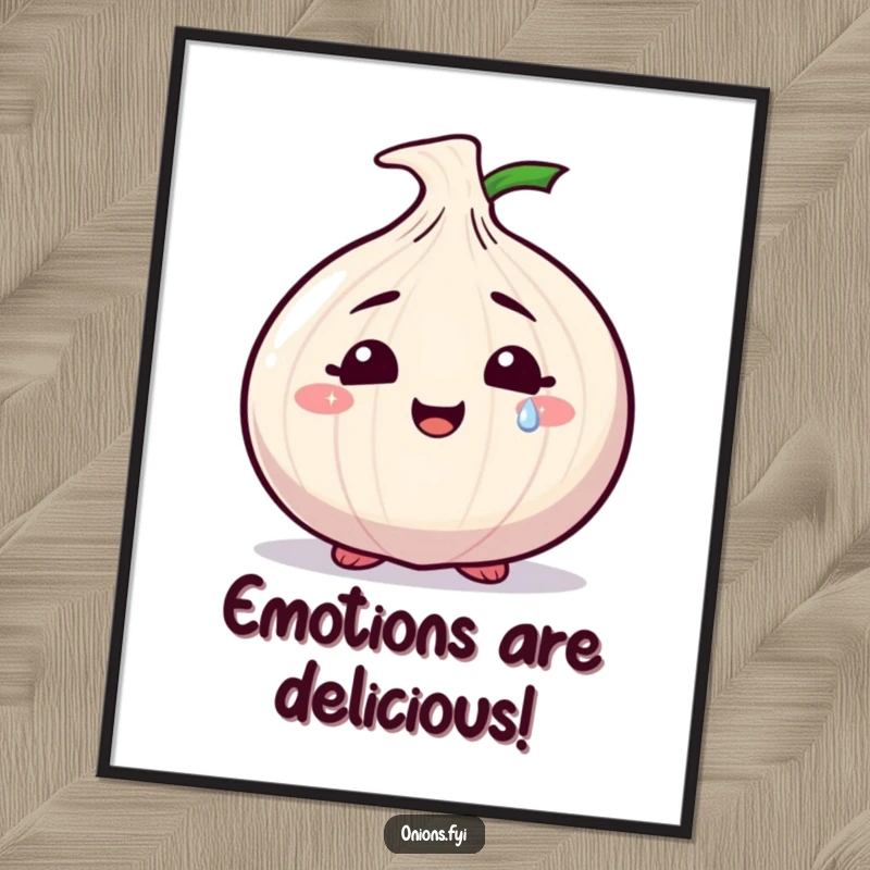 Funny Free Printable Wall Art depicting a smiling onion character shedding a single, shimmering sparkly tear.