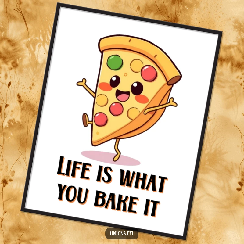 Funny Free Printable Wall Art: A smiling slice of pizza with comically tiny legs doing a full cartwheel, perfect for a kitchen or game room.