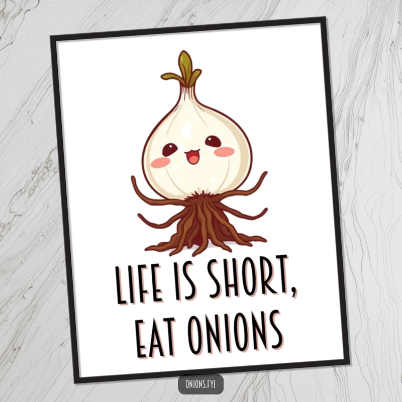 Funny Free Printable Wall Art showcasing a mischievous kawaii onion with its roots attempting a silly, comical caper.
