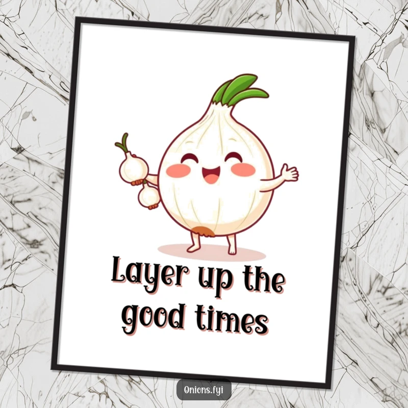 Funny Free Printable Wall Art: A cute kawaii onion with tiny feet is juggling three smaller onions. Downloadable decor.