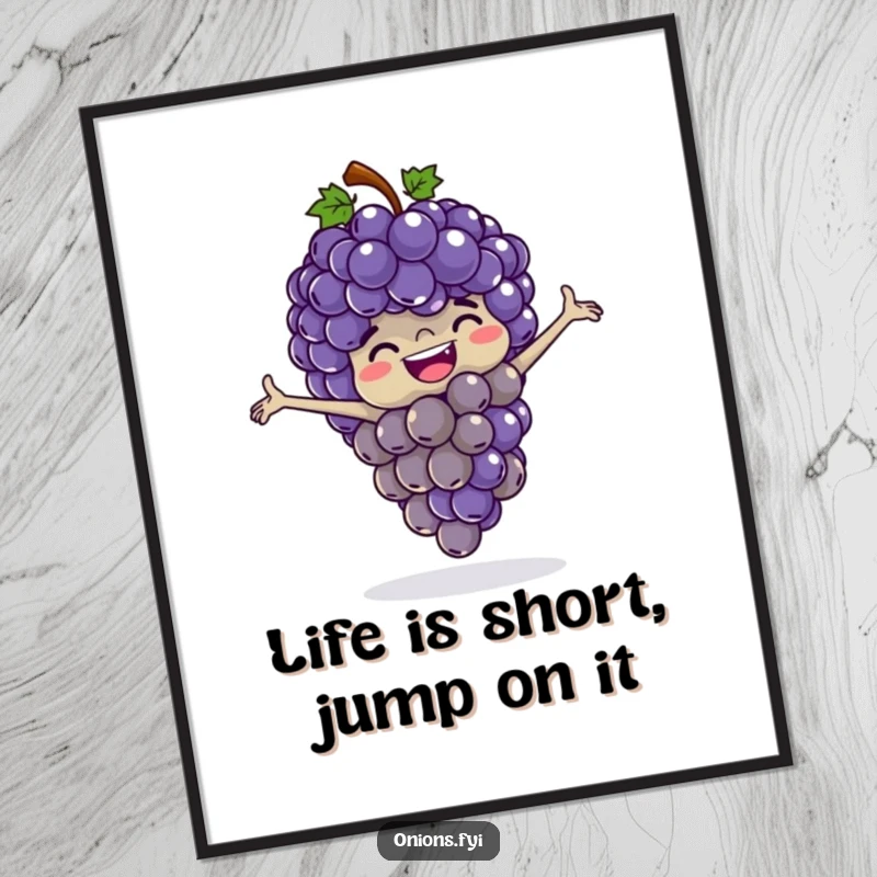 Funny Free Printable Wall Art: A giggling bunch of anthropomorphic grapes with arms outstretched energetically plays leapfrog, great for kitchens.