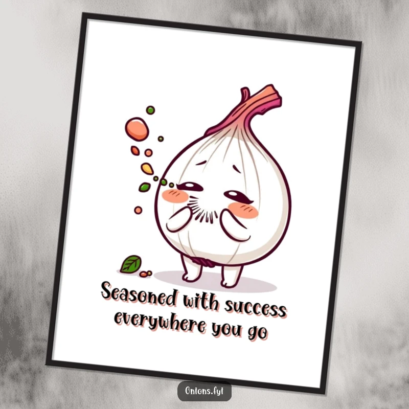 Funny Free Printable Wall Art: Sneezy onion character expelling savory herb dust, perfect for humorous, downloadable kitchen decor.