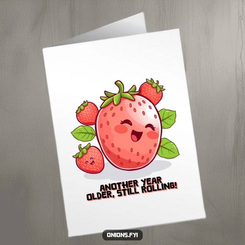 Funny Free Printable Birthday Card featuring a happy strawberry rolling downhill with pure delight, a humorous downloadable greeting.