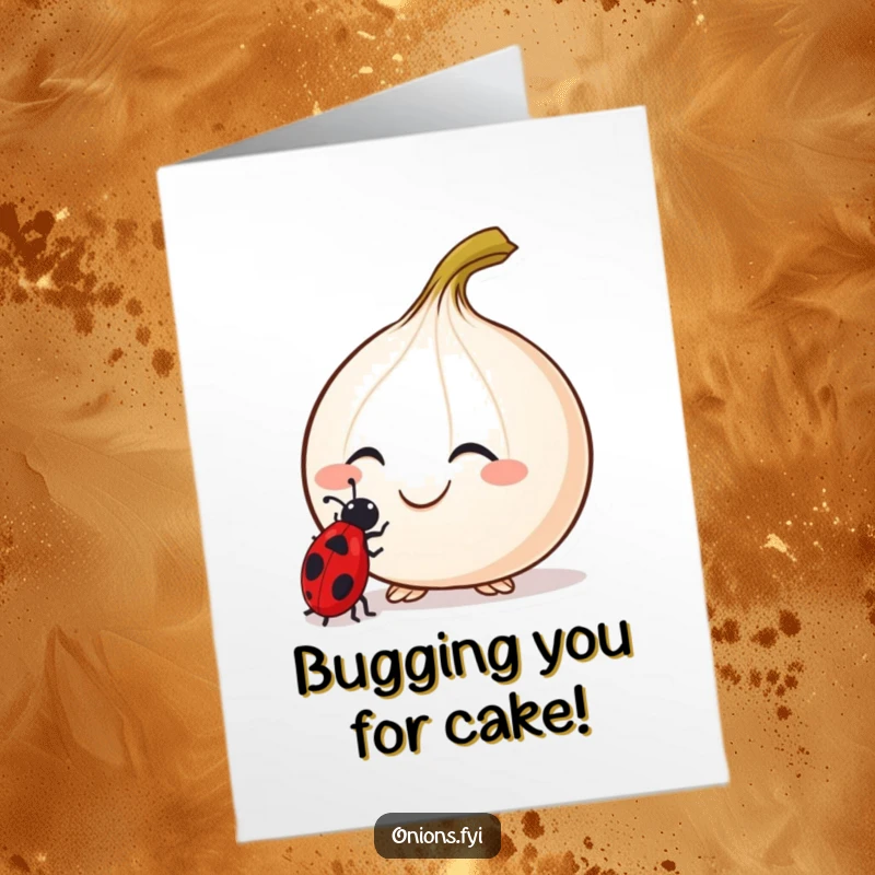 Funny Free Printable Birthday Card: A smiling onion with two tiny antennae curiously examining a small ladybug.