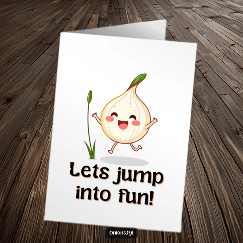 Funny Free Printable Birthday Card: A kawaii onion excitedly jumping rope using a blade of grass.