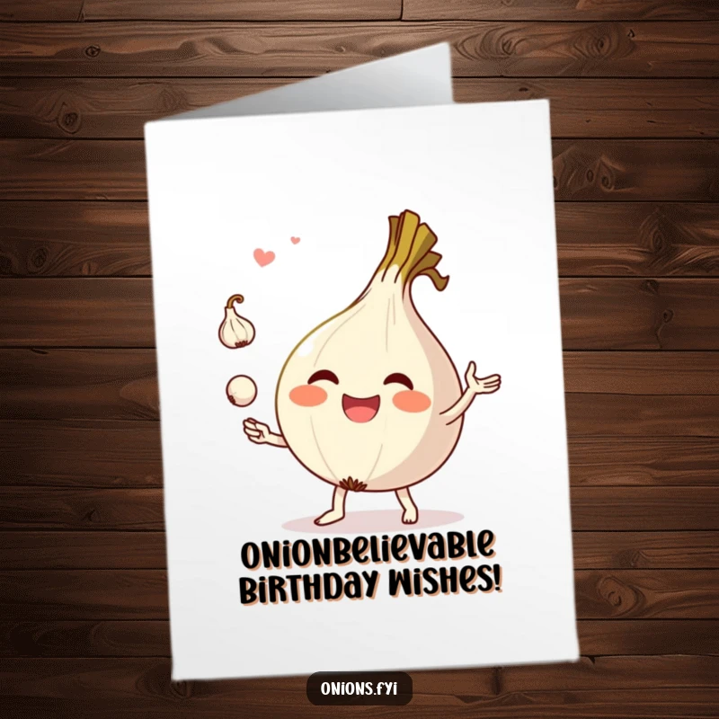 Funny Free Printable birthday card featuring a joyful onion character hilariously juggling three tiny pieces of garlic, ready to party.