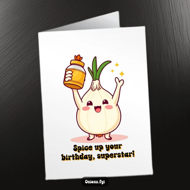 Funny free printable birthday card featuring a triumphant onion character holding a golden spice jar aloft, celebrating a birthday.