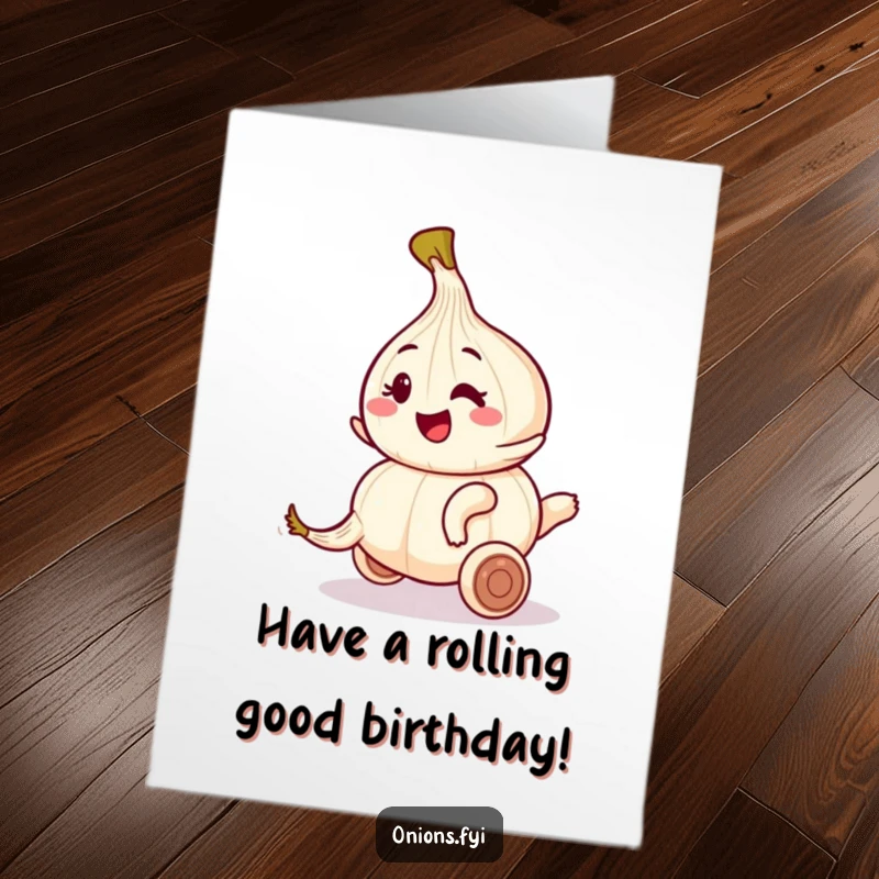 Funny Free Printable Birthday Card: Onion with a playful wink rides a rolling garlic clove; a dynamic, downloadable birthday wish.