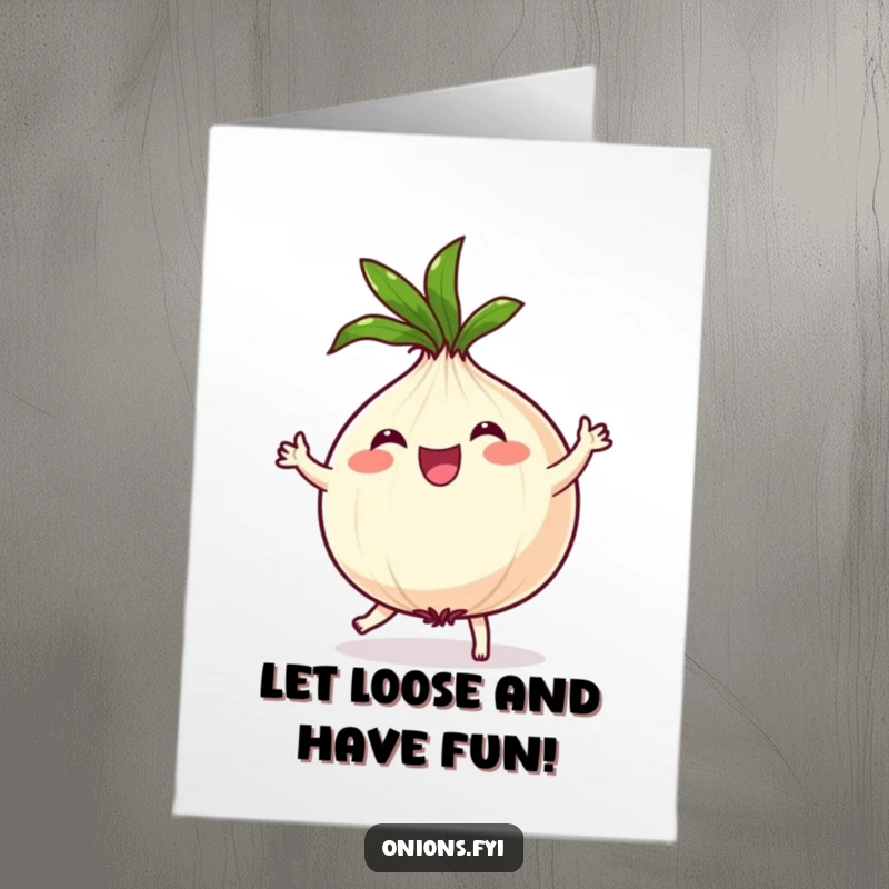 Funny free printable birthday card showing a joyful onion character dancing wildly with its leafy top spinning, full of festive energy.