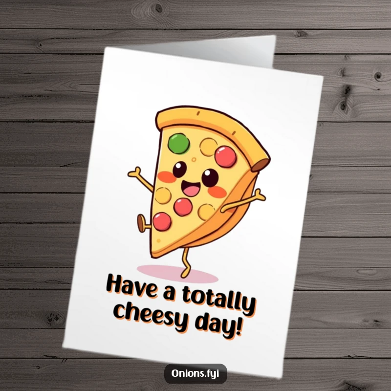 Funny Free Printable Birthday Card: A jubilant slice of pizza on tiny legs performs an energetic cartwheel, spreading birthday cheer.