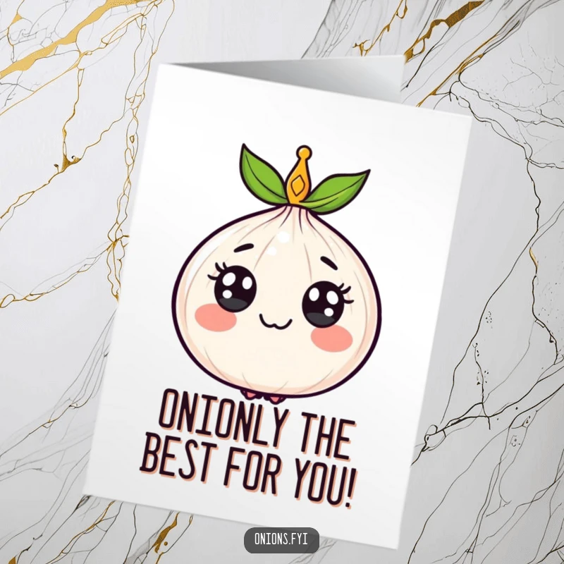 Funny Free Printable Birthday Card: A happy onion wearing a crown, ready to celebrate your special day.