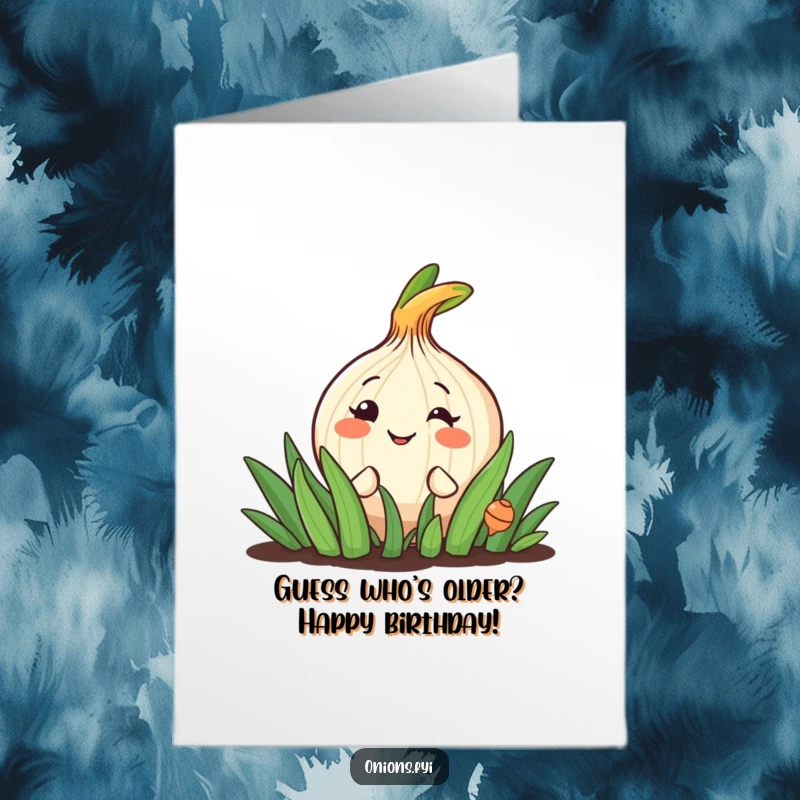 Funny Free Printable Birthday Card: Cheerful onion peeking from a garden patch; a delightful, downloadable greeting with a secret grin.