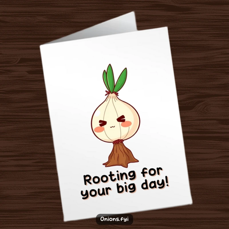 Funny Free Printable Birthday Card featuring a determined onion character precariously balancing on a single root.