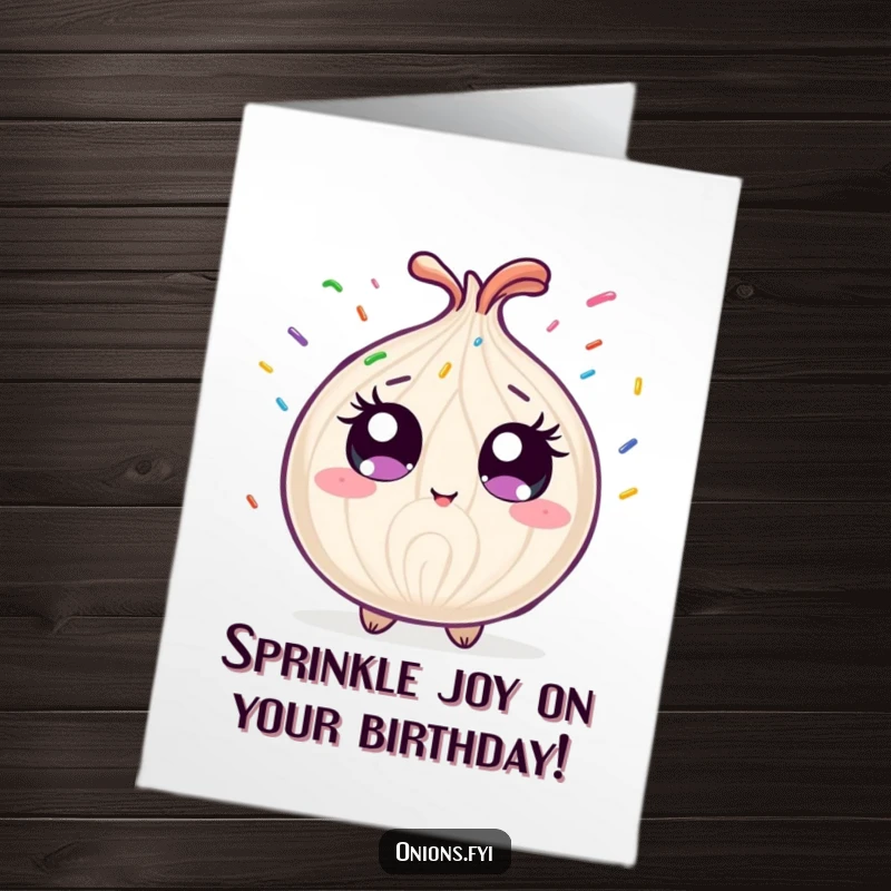 Funny Free Printable birthday card: wide-eyed onion delightedly showered by colorful rainbow sprinkles.