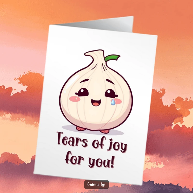 Funny Free Printable Birthday Card of a smiling onion character shedding one sparkly, happy tear.