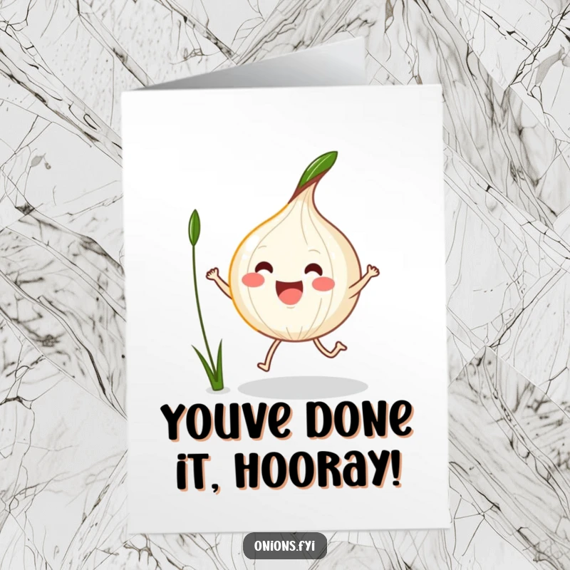 Funny Free Printable Congrats Card: A cute onion enthusiastically jumping rope with a green blade of grass.