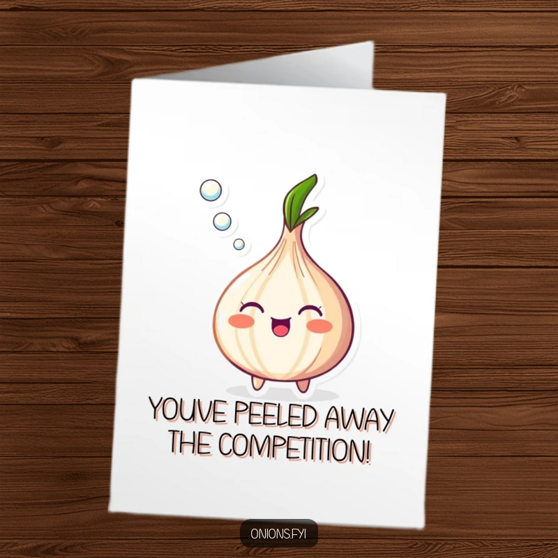 Funny Free Printable Congrats Card: A joyful onion blowing a stream of bubbles to celebrate a fantastic accomplishment.